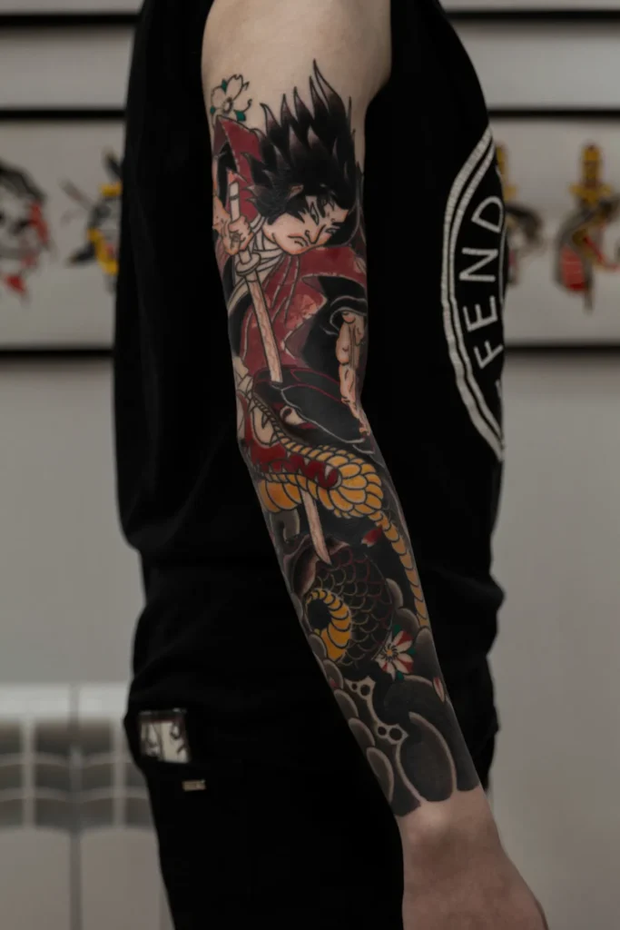 Японская татуировка самурай рукав — тату Дмитров, студия Nichrome Tattoo